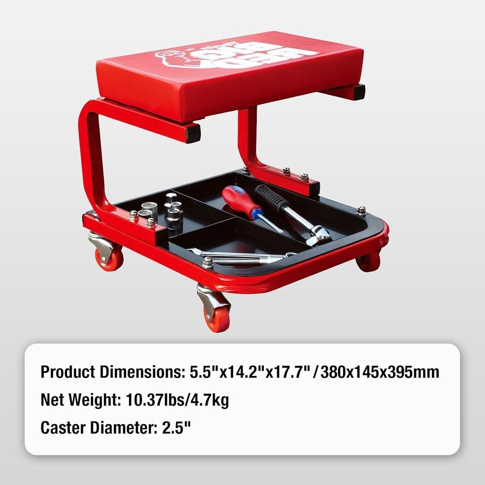 Red Rolling Creeper Seat - Heavy-Duty Mechanic Stool with Efficient Tool Storage