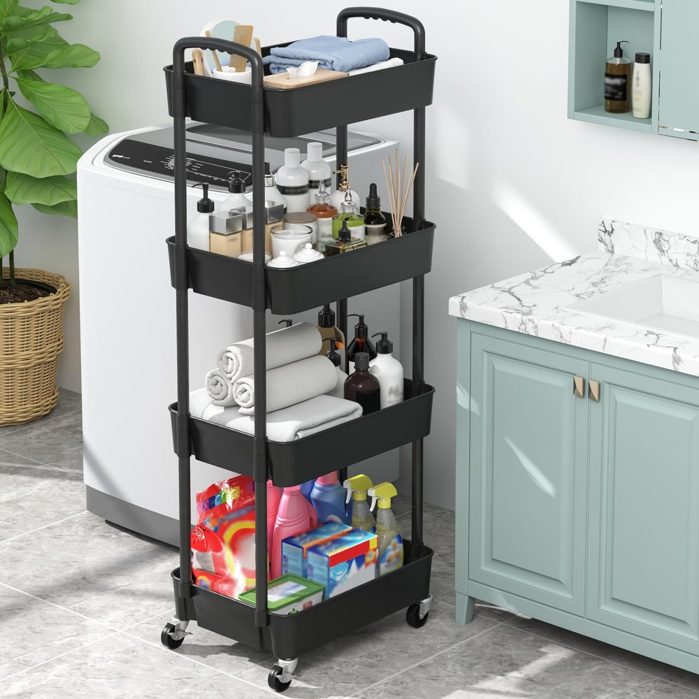 4-Tier Plastic Rolling Utility Cart with Handle Multi-Functional Storage Trolley