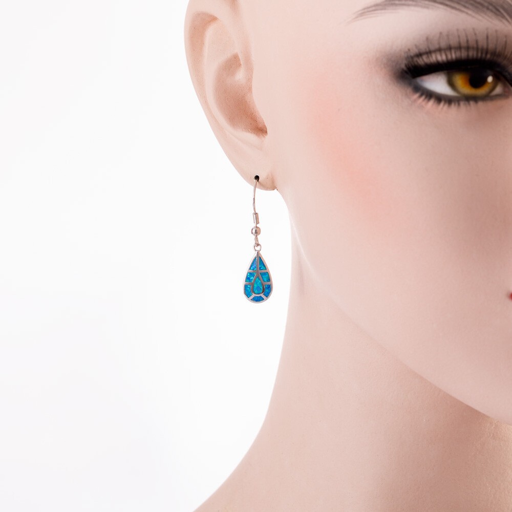Teardrop Shape Ocean Blue Fire Opal Silver Jewelry Dangle Drop Earrings