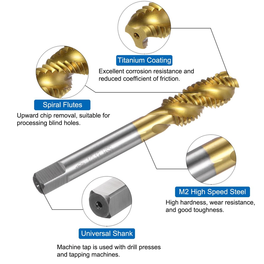 2pcs Spiral Flute Thread Taps 1/2-13 UNC H2 Ti-Coated Screw Threading Tapping