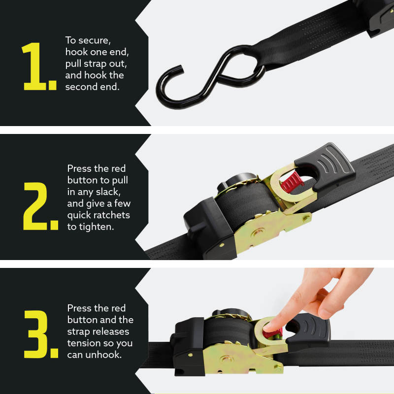 DC Cargo Retractable Ratchet Strap Tie Down Straps w/ S-Hooks 1" x 10' 2-pack