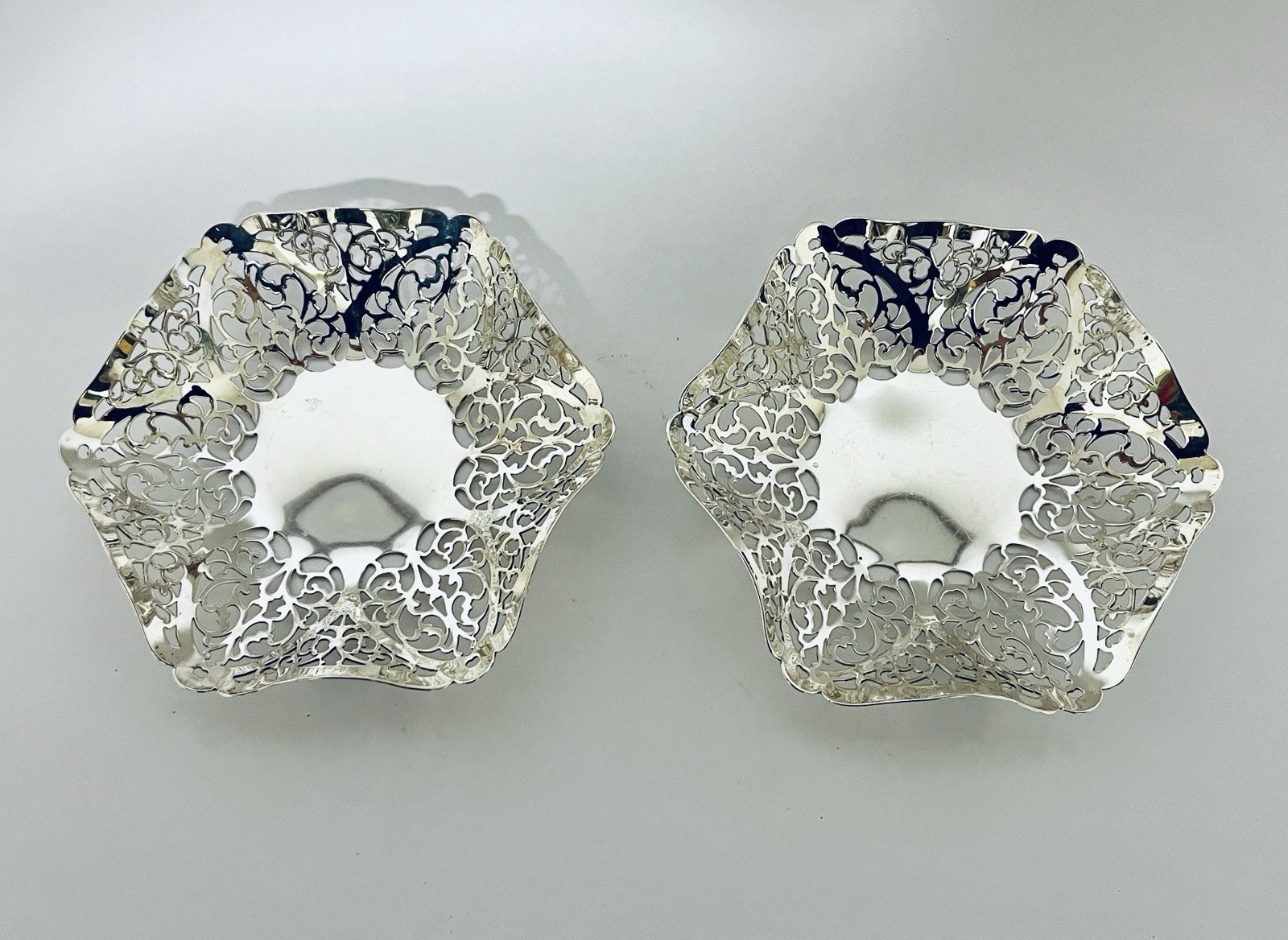 Matching Pair Antique Vintage Solid Sterling Silver Bonbon Dishes / Bowls