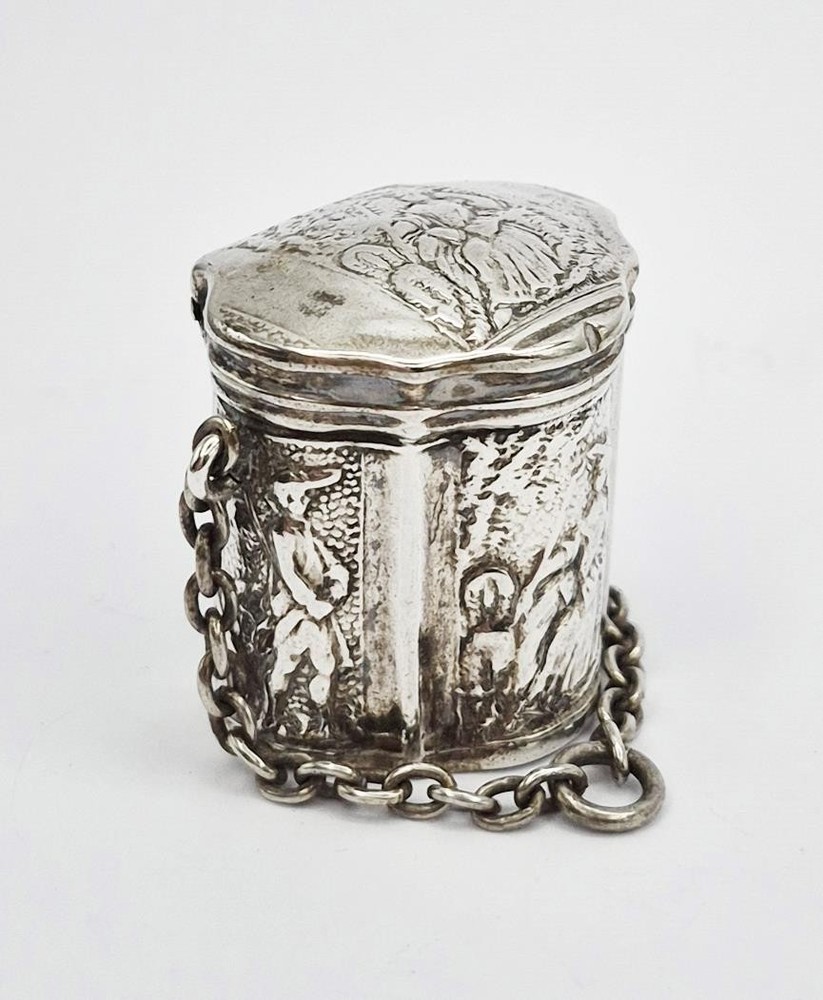 19TH CENTURY DUTCH SOLID SILVER REPOUSSE CHATELAINE MINT BOX