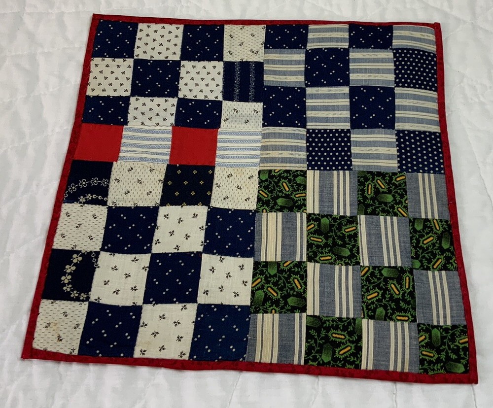Vintage Antique Patchwork Quilt Table Topper, Four Patch, Early Calicos, Navy
