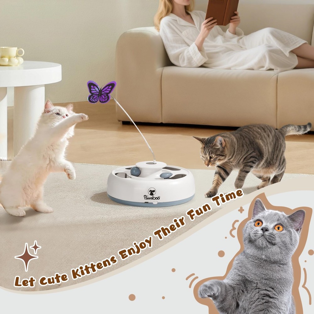 Pawaboo 3-in-1 Automatic Interactive Cat Toy, Electronic Motion White+Gray