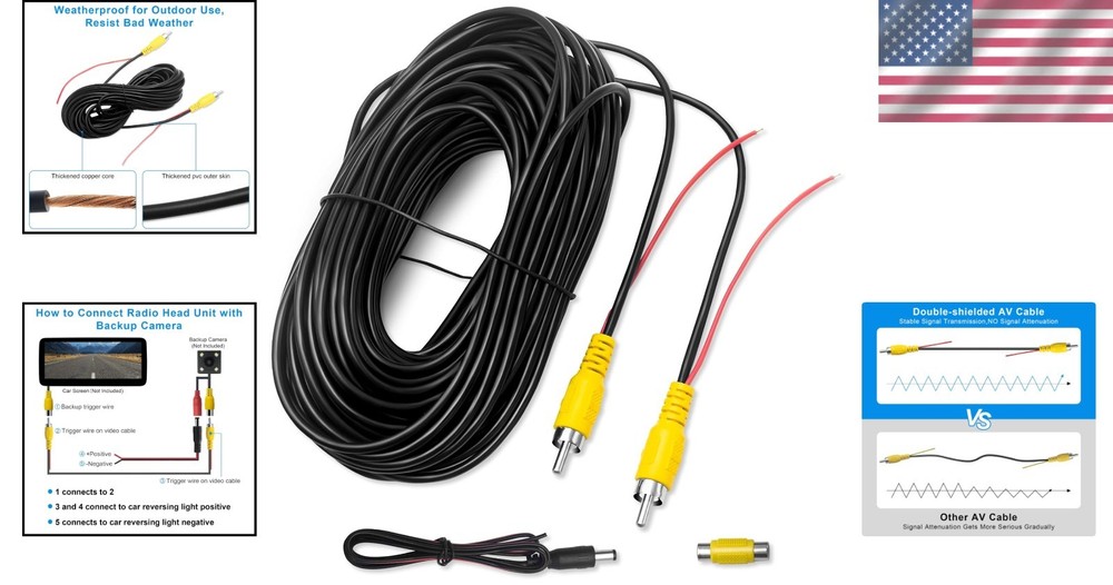 20FT RCA Video Cable for Backup Camera - Waterproof & Durable for Safe Reversing