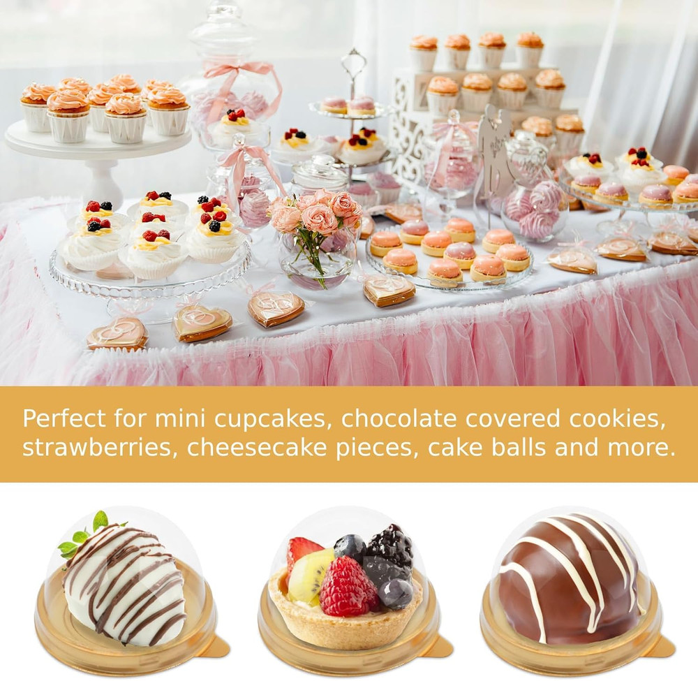 100 Pack Mini Cake Containers, Clear Plastic Small Cupcake Boxes with Dome Lids