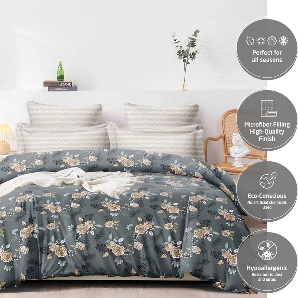 Microfiber All Weather Reversible Queen Comforter Gray Floral Blossom Pattern