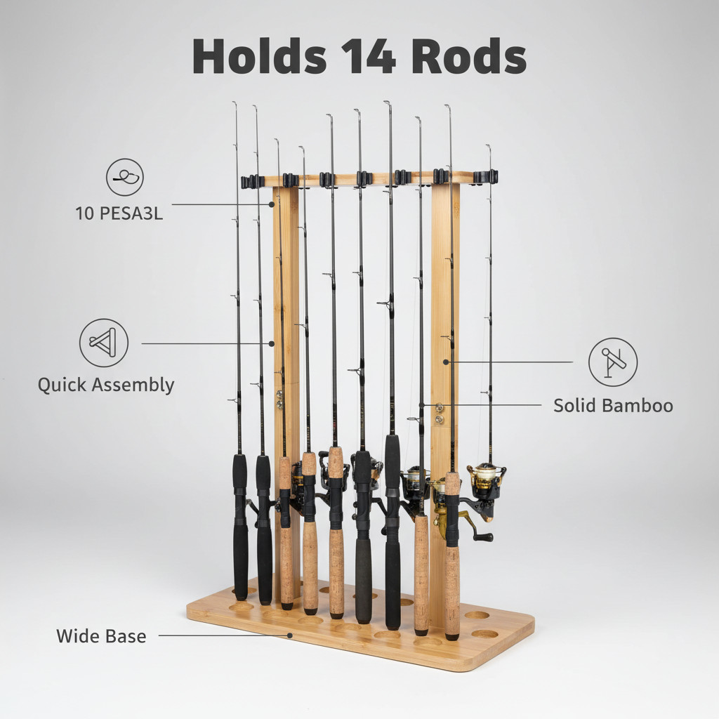 Fishing Pole Rod Racks—Floor Stand Bamboo Round rods holder for 14 Fishing
