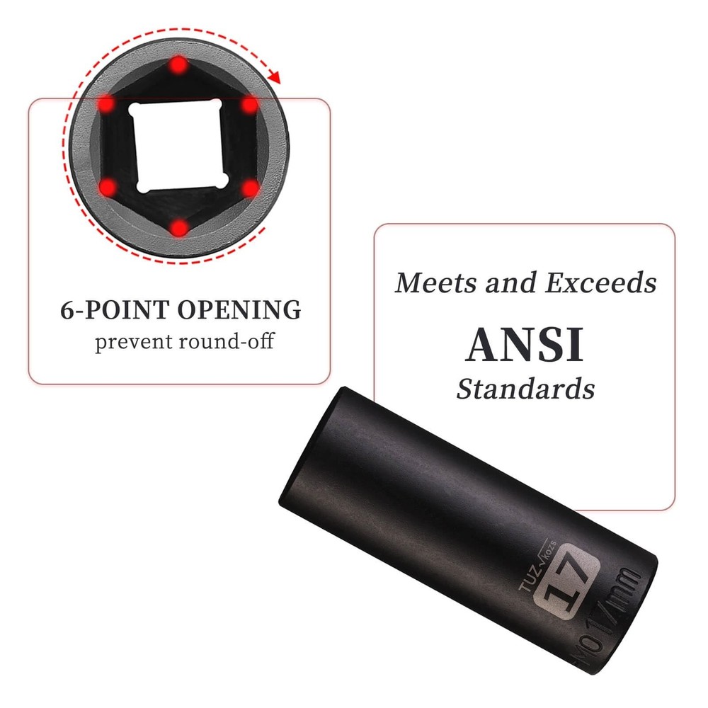 3/8" Square Drive 17mm Metric Impact Socket,Hex Deep Socket Design,CR-MO Stee...