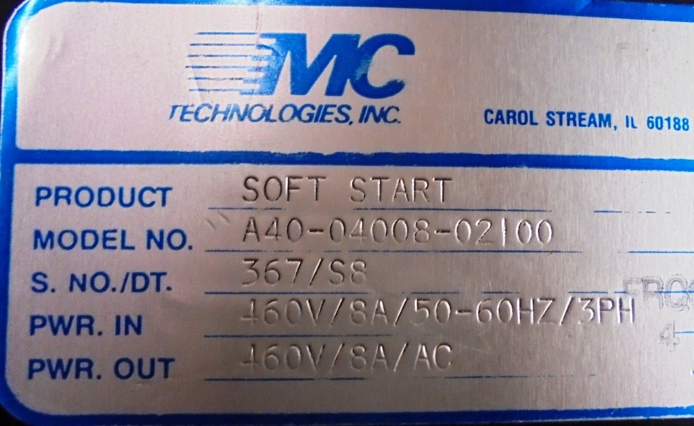 MC TECHNOLOGIES, SOLID STATE SOFT START RELAY, A40-04008-02100, 460V/8A/50-60HZ