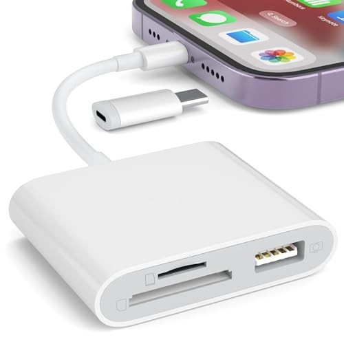 SD Card Reader for iPhone, Memory Card Reader White (SD+TF+USB for Lightning)