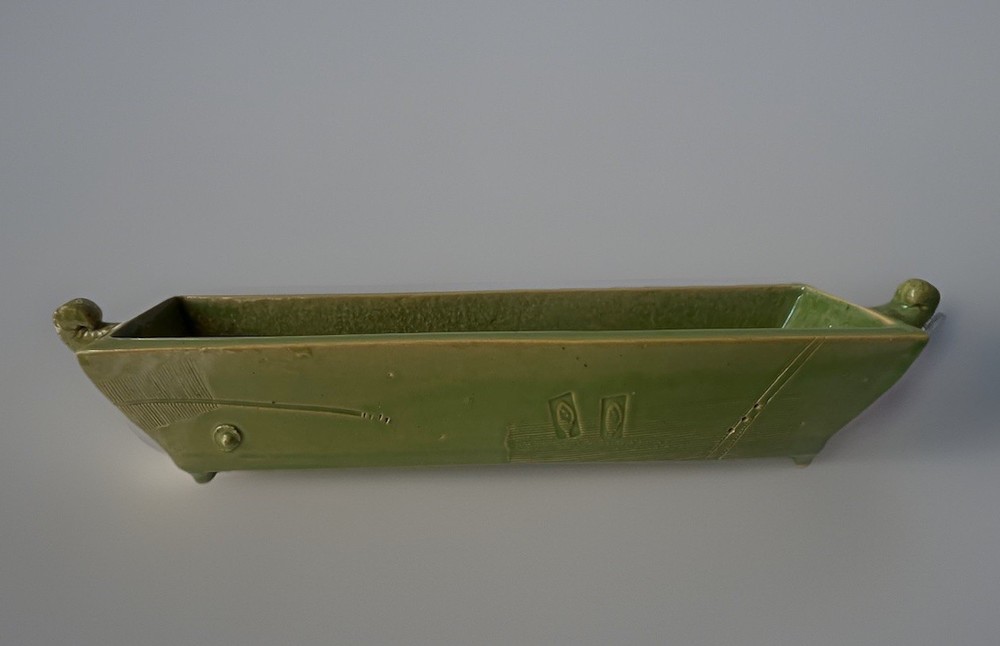 Handmade Studio Pottery Rectangular Dish Green Glazed Ceramic Tray With Handles