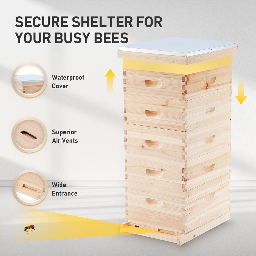 CREWORKS 5 Layer Bee Hive Boxes Starter Kit Langstroth Beehives for Beekeeping