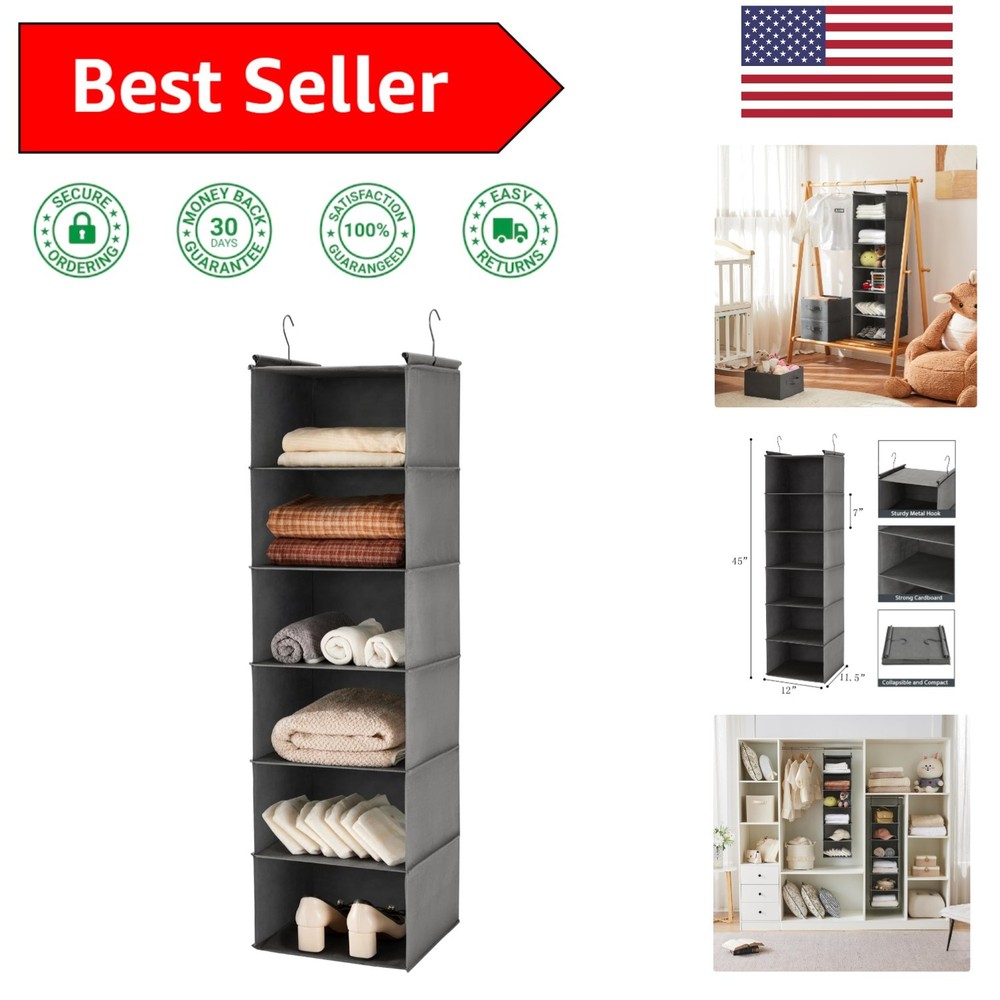6 Tier Foldable Hanging Closet Organizer with Strong Hooks for Efficient Storage