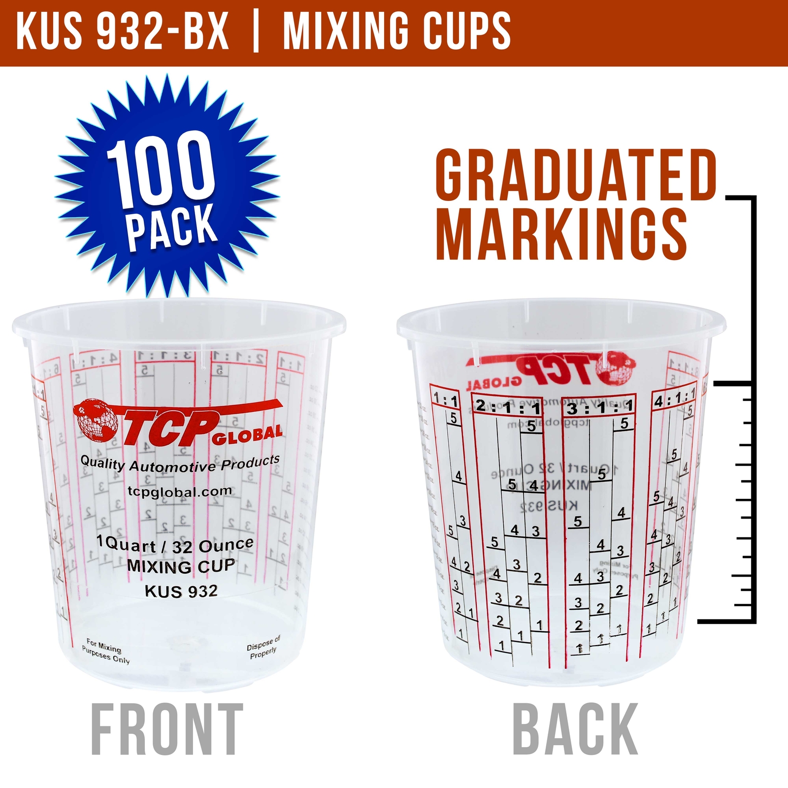 32-Ounce (1 Quart) Paint & Epoxy Mixing Cup Calibrated Ratios - 100 Cups/12 Lids