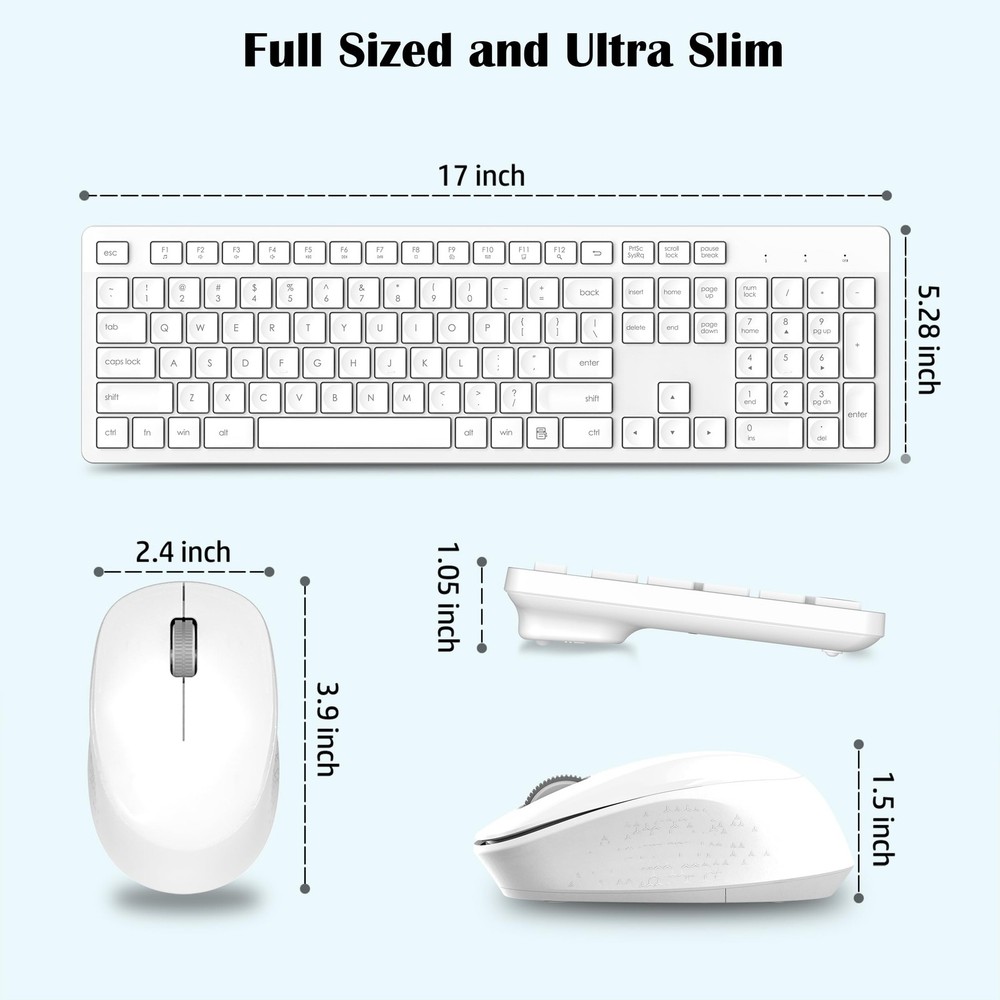 White Wireless Keyboard and Mouse Combo Full-Sized Ergonomic Computer Keyboar...