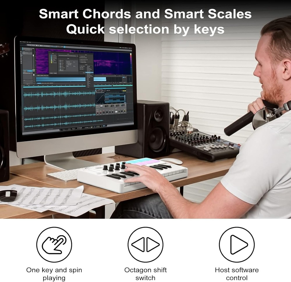 25 Key USB MIDI Keyboard Controller With 8 Backlit Drum Pads, Bluetooth Semi ...