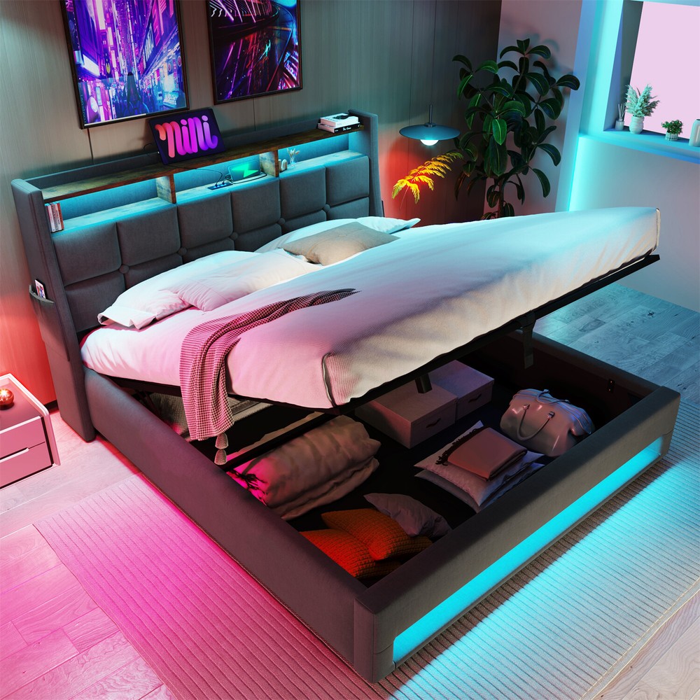 Full Size LED Bed Frame Upholstered Platform Bed with Hydraulic Storage System