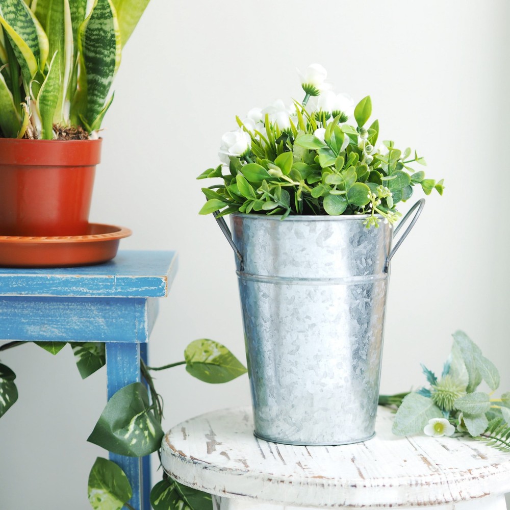 (2 pack Metal Bucket Planter 7'' High Solid Print Gray