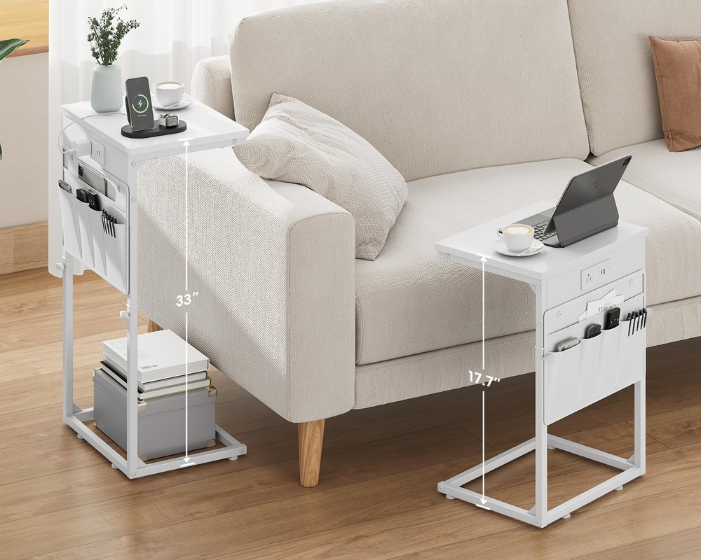 C Shaped End Table W/ Charging Station Adjustable Height Side Table Couch Sofa
