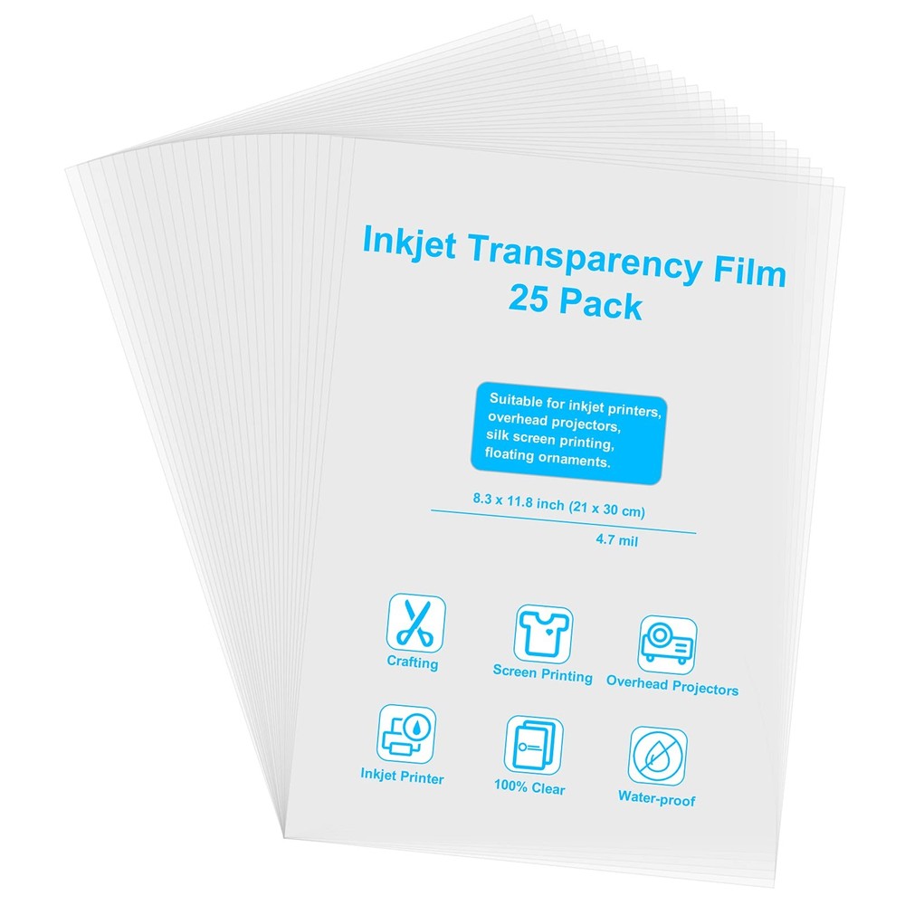 25 Pack Printable Clear Transparency Sheets Inkjet Transparency Film Sheets