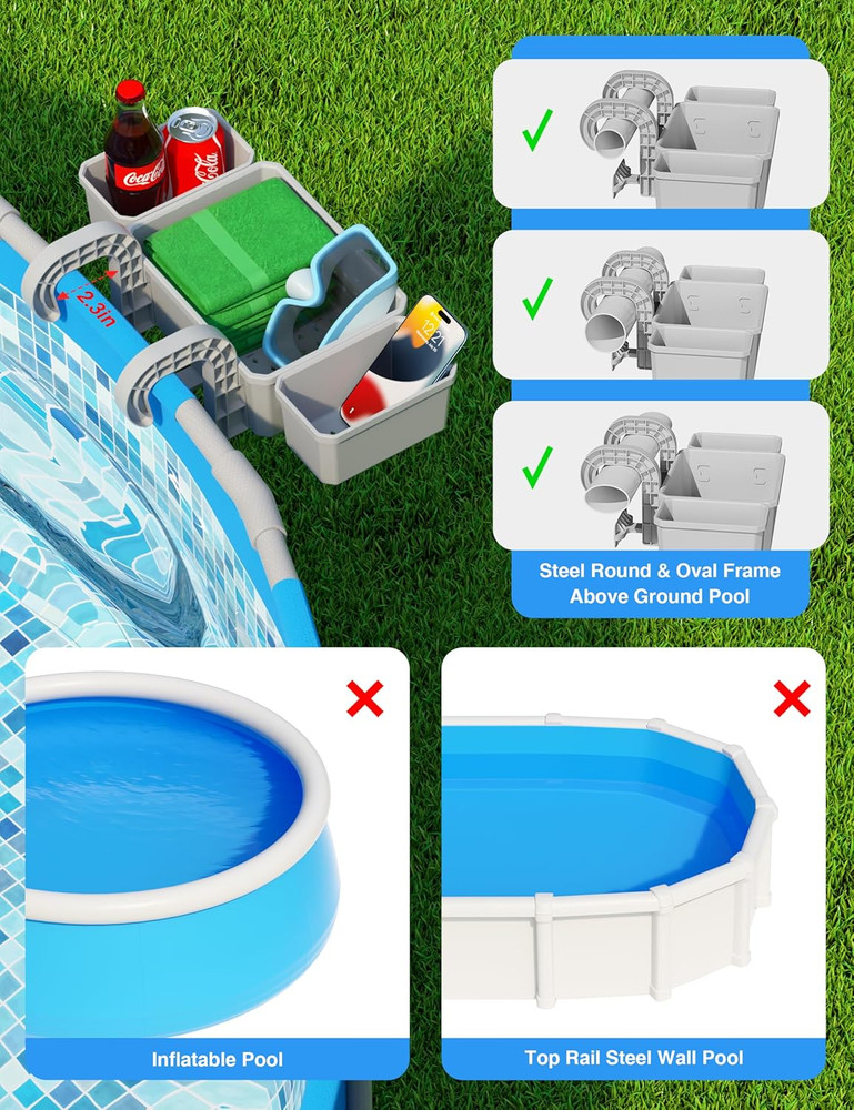 Poolside Storage Basket with 2 Cup Holders, Stretchable above Ground Pool Access