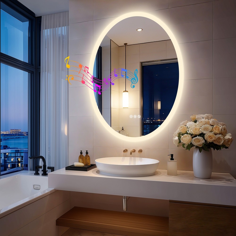 Oval LED Bathroom Bluetooth Mirror Touch Antifog Memory 3 Color Light Adjustable