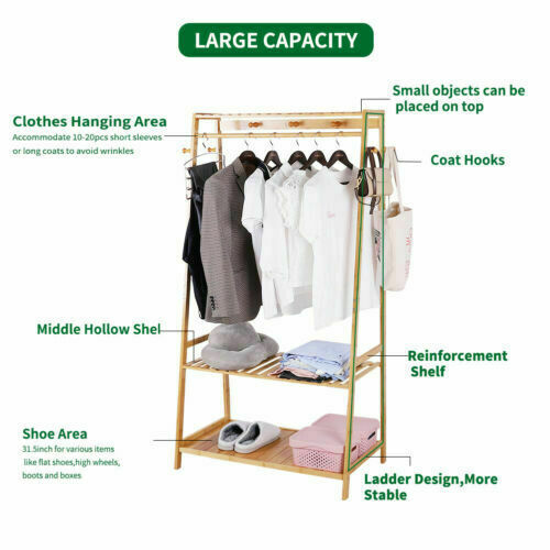 Solid Wood Coat Rack Stand Clothes Hanging Rail Rack Shelf Closet Hooks Portable