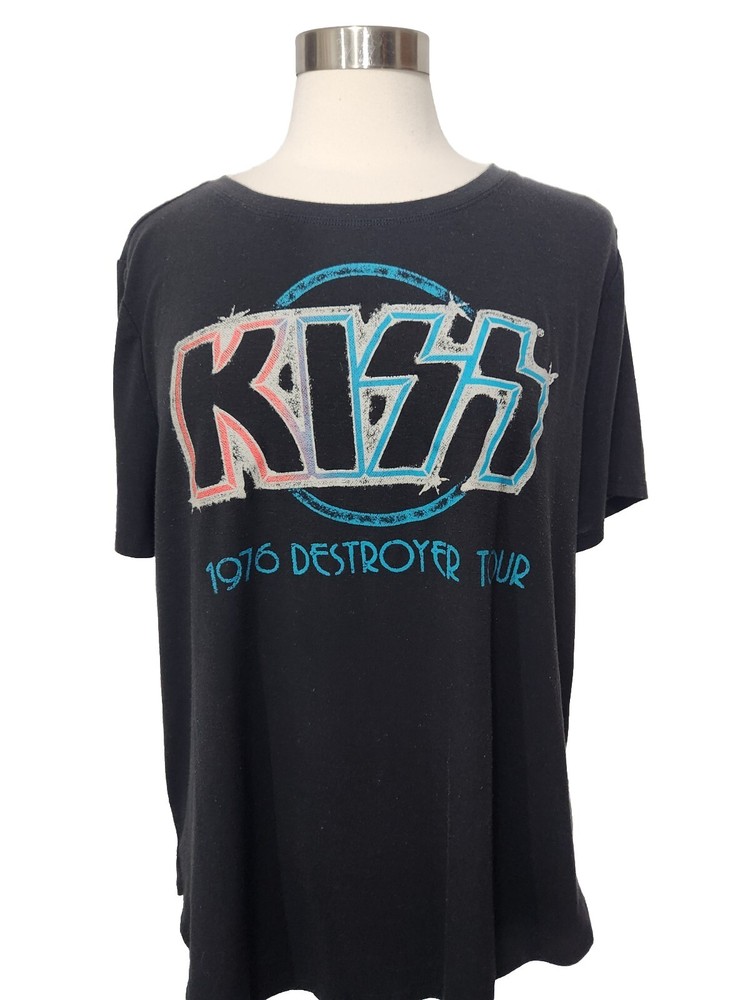 KISS Womens Band 1976 Destroyer Tour T Shirt Top Size 1X Black Graphic Tee