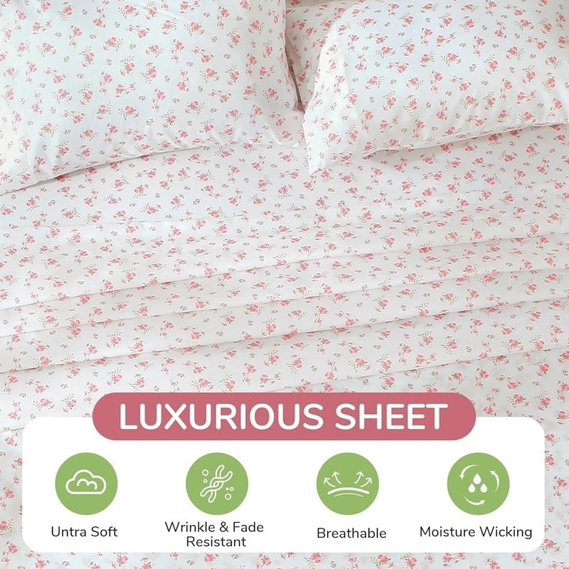 Lightweight Microfiber Sheet Set Deep Pocket Floral Pattern Breathable Easy Care