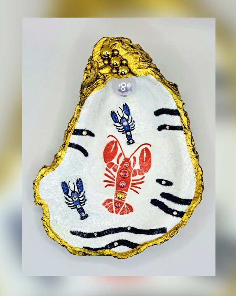 Handcrafted Decoupaged Lobster Oyster Shell Ring/Trinket Dish