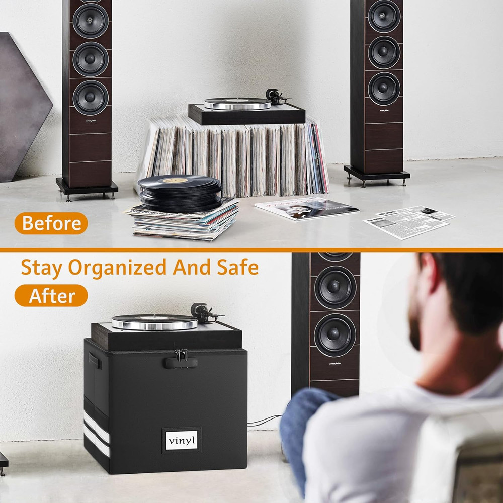 Vinyl Record Storage Box with Lock, Fireproof Waterproof Resistant Organizer