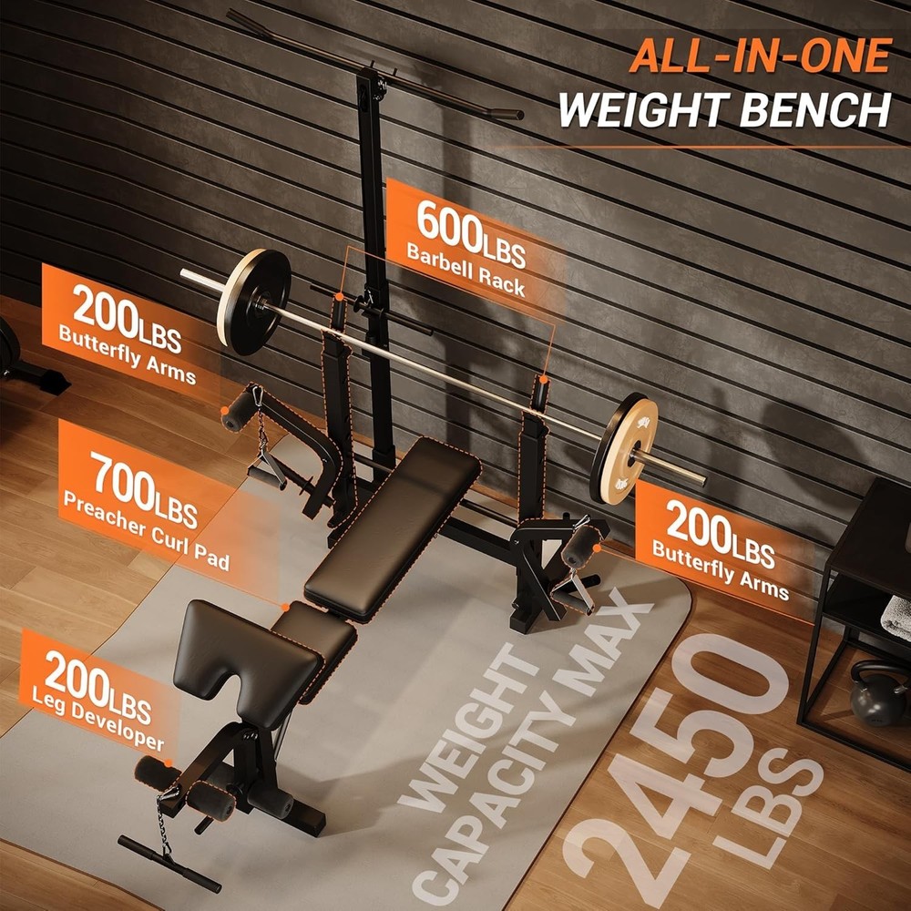 Adjustable Bench Press Station Weight Bench Home w/ Leg Extension & LAT Pulldown