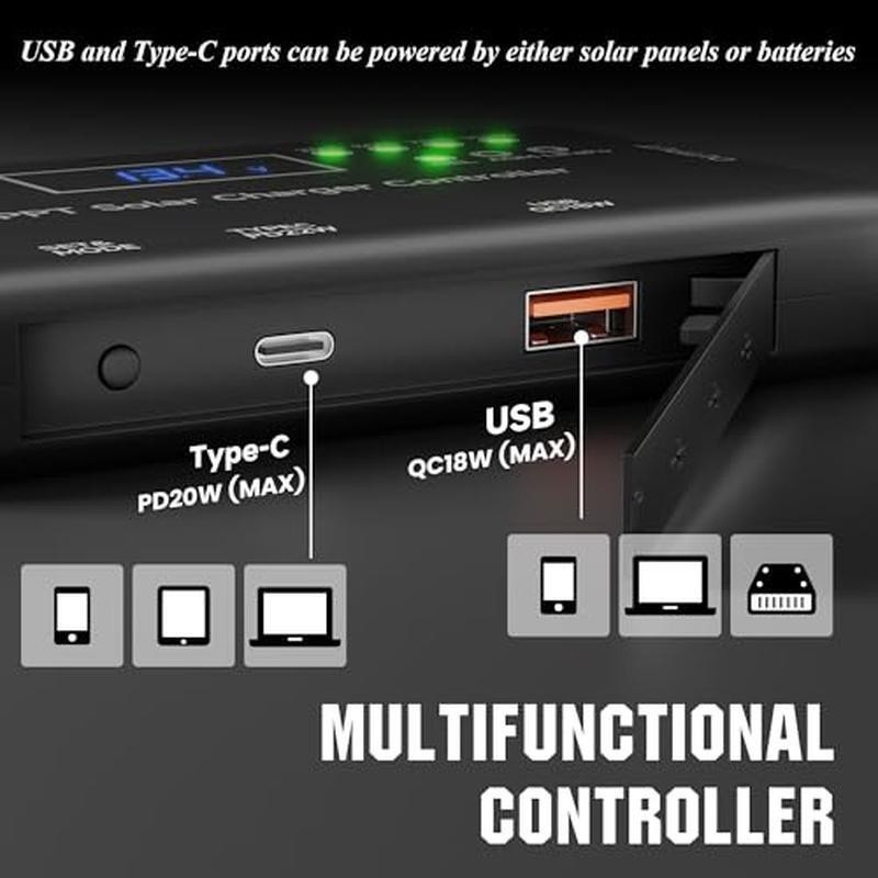 MPPT Solar Charge Controller 12V 10A W/ Type-C USB Output Solar Battery