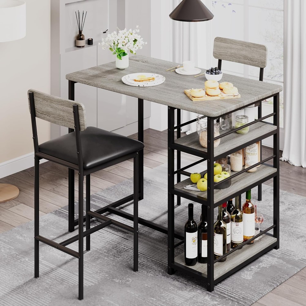 Bar Table and Stools Set for 2, Modern Dining Table Set with 3 Storage Shelves