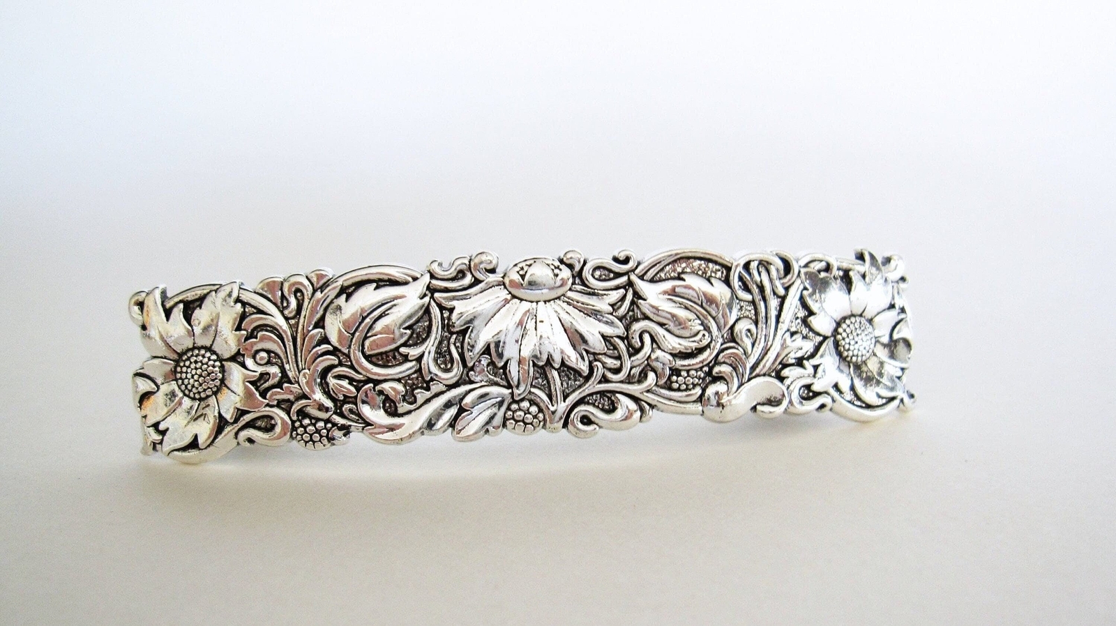 Silver flowers leaves vine metal flower filigree hair clip barrette