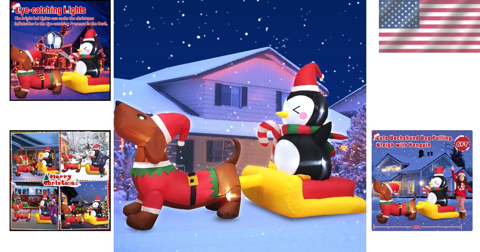 Festive 6 FT Inflatable Dog Sleigh with Penguin - LED Illuminated Holiday Charm