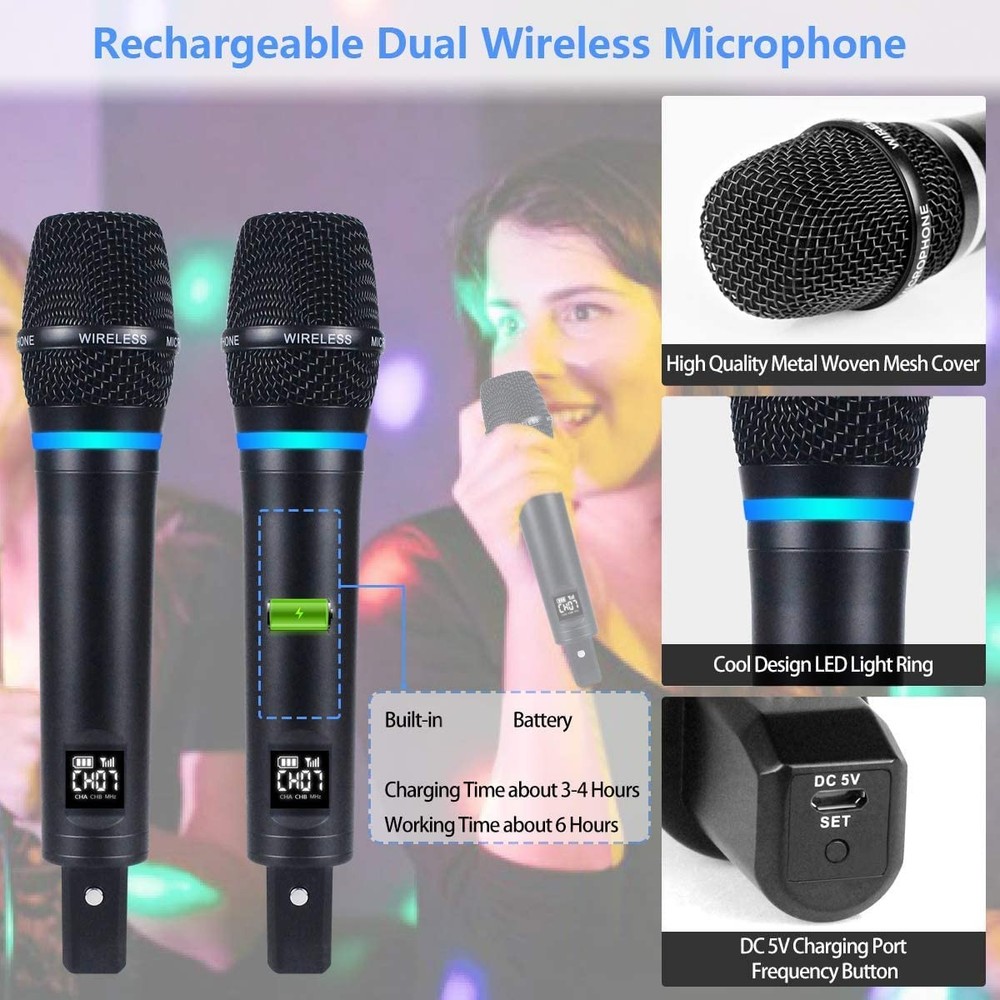 S9 UHF Rechargeable Wireless Microphone System Karaoke Microphone Wireless Mi...