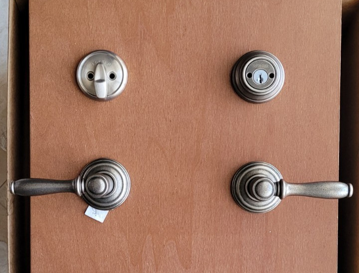 Kwikset Ashfield Rustic Pewter Front Double Door Handle Lock Dummy Complete Set