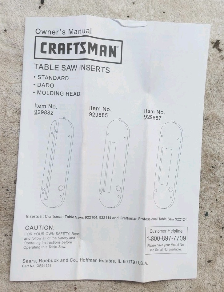 Craftsman Dado/Molding Head Insert 9- 29885 Fits 10in Table Saws