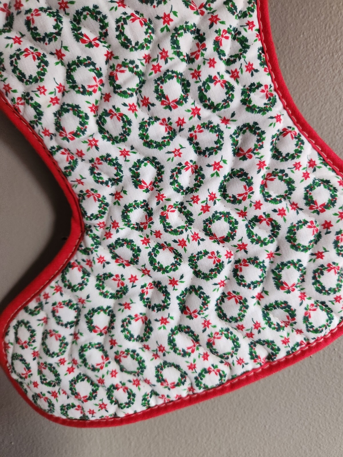Christmas Stocking White with Green Wreaths & Red Poinsettia Pattern