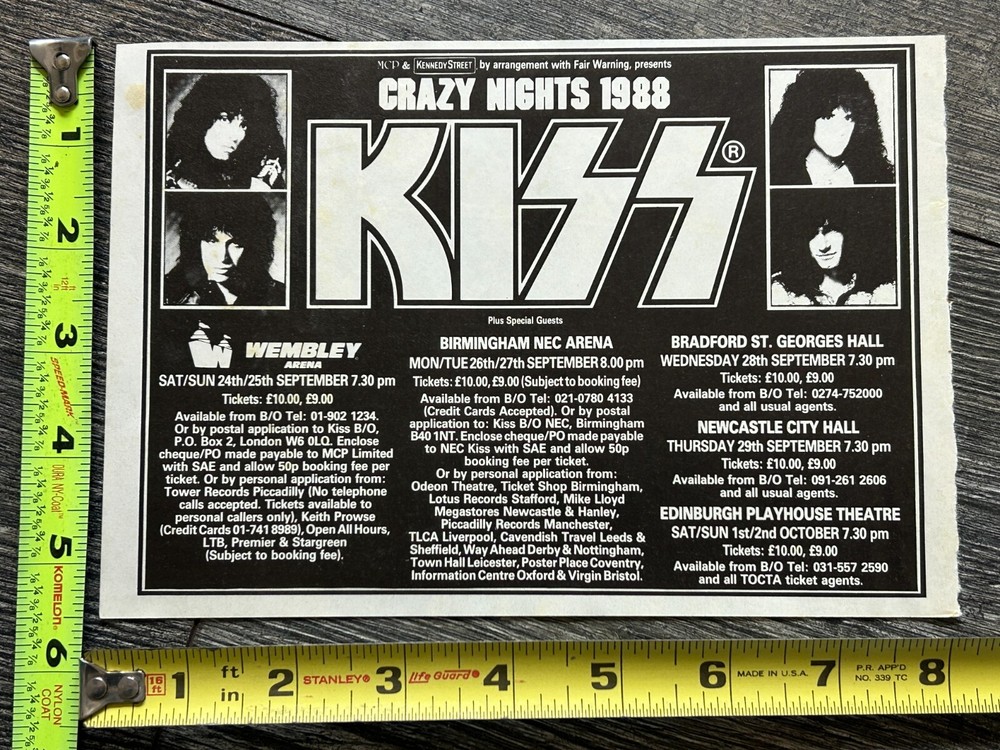 KISS Concert Ad Advert Crazy Nights Tour UK Dates Wembley Sept 1988 Vintage Kiss
