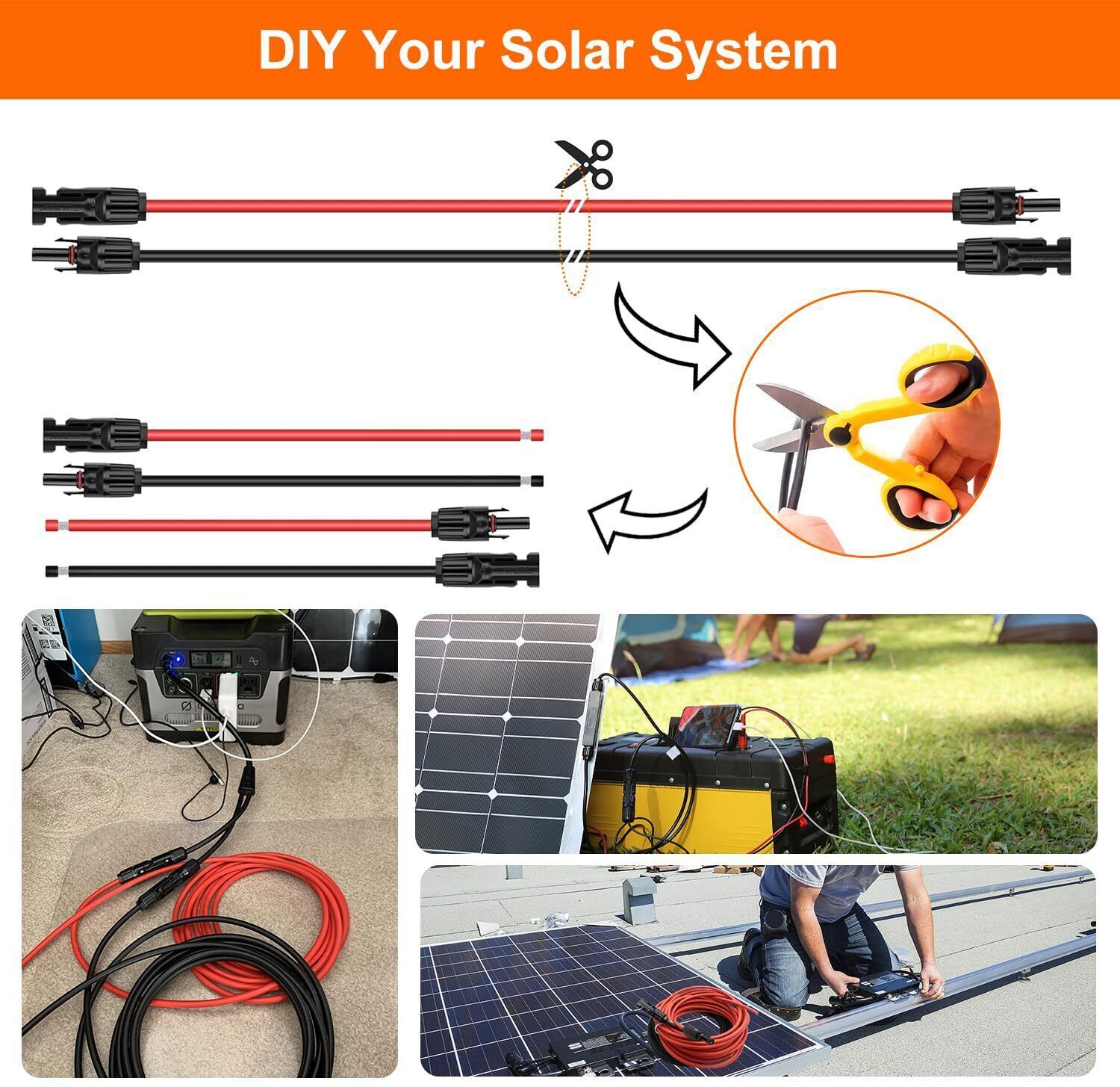 10 AWG Solar Panel Extension Cable PV Wire Solar Connector Pair Black & Red 6mm²