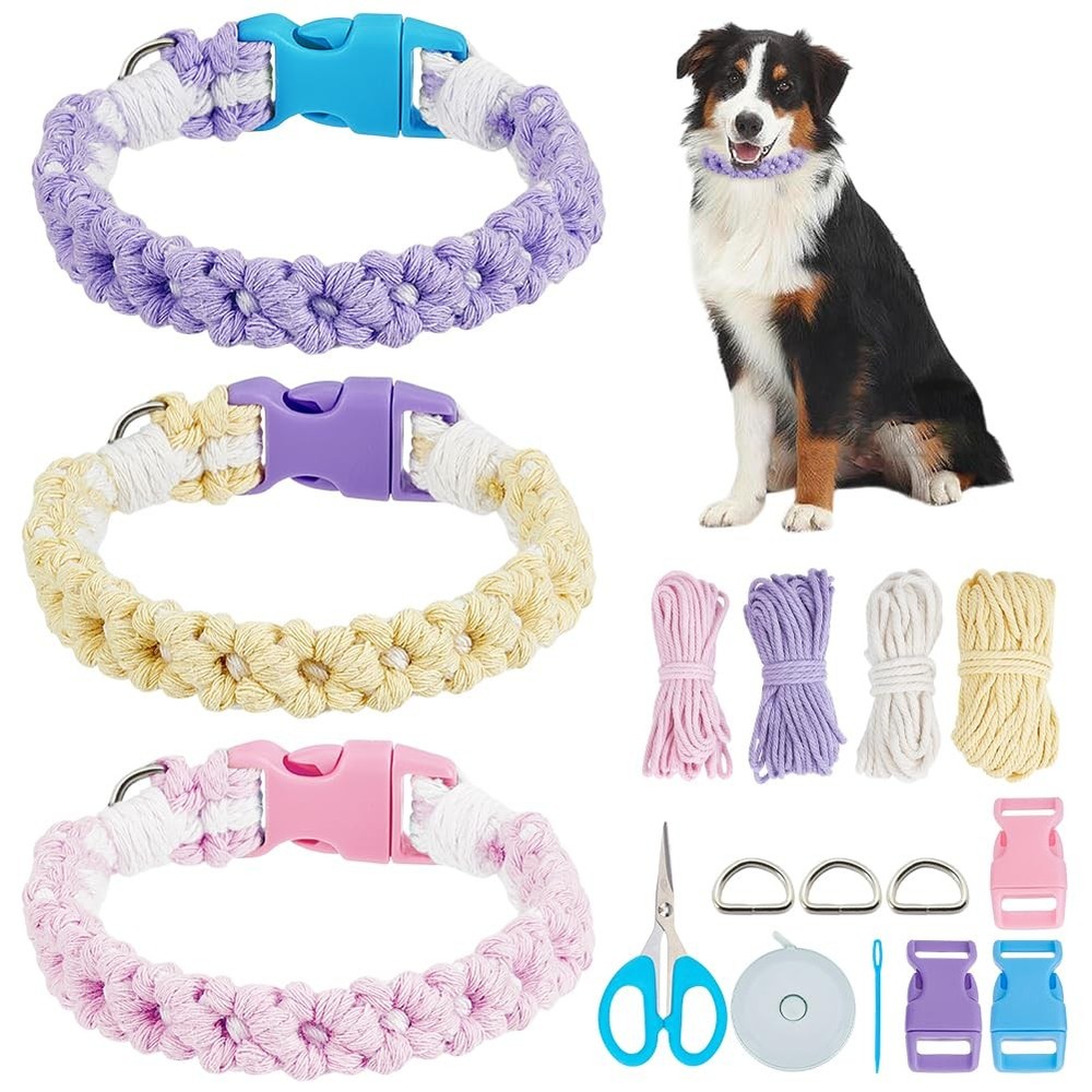 3 Sets DIY Macrame Dog Collar Kit for Adults Beginners Macrame Daisy Pet Coll...