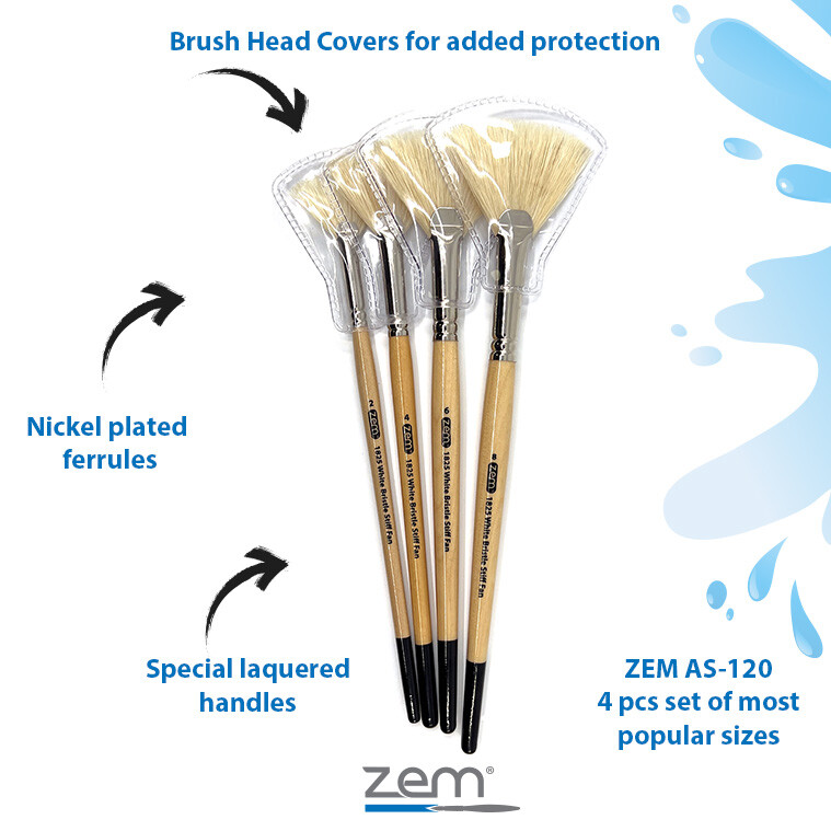 AS-120 White Stiff Fan Hog Bristle Brush Set 4pcs