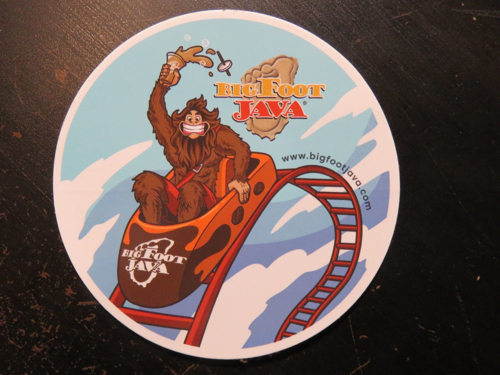 STICKER: BIG FOOT Java Roasted Coffee; Seattle, WA - Sasquatch on Roller Coaster