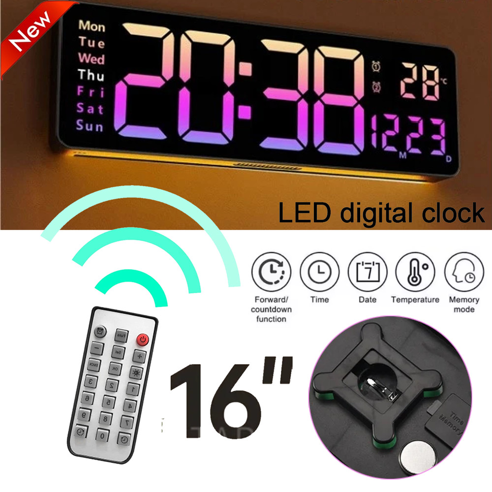 16inch Big Digital Led Clock Wall Mount Large Numbers Timer Date Temperature Hot