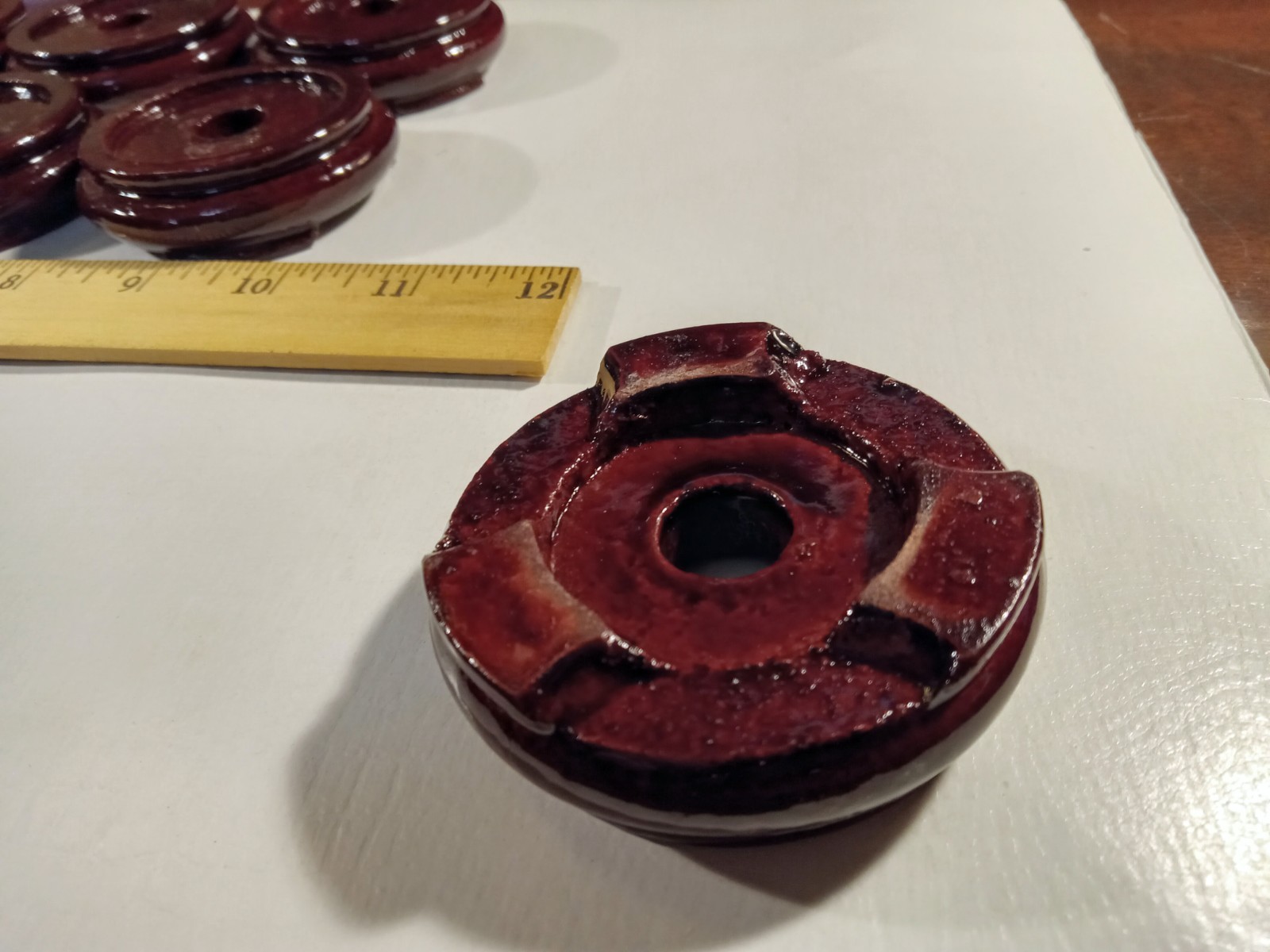 LOT of 12 Asian Carved Wood Display Stand 2.5in Diameter Footed Red Lacquer