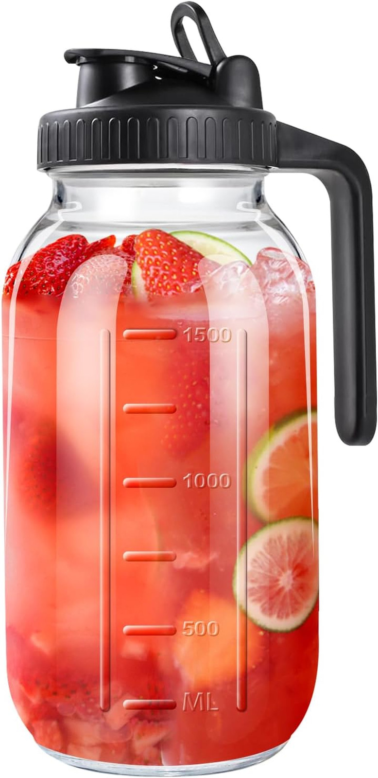 64Oz Glass Pitcher with Lid, 2 Quart Mason Jar Pitcher with Lid and Spout, Wide